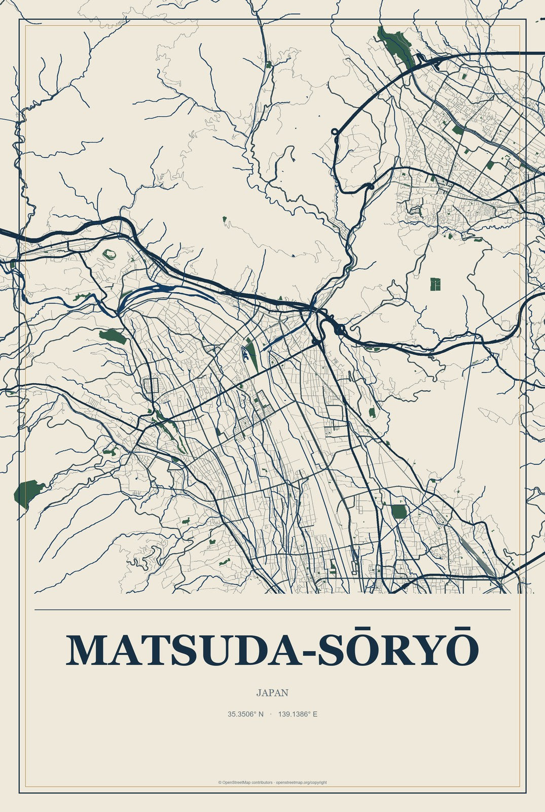 Matsuda-sōryō, Japan City Map Aluminum Sign in Coastal Cutout style