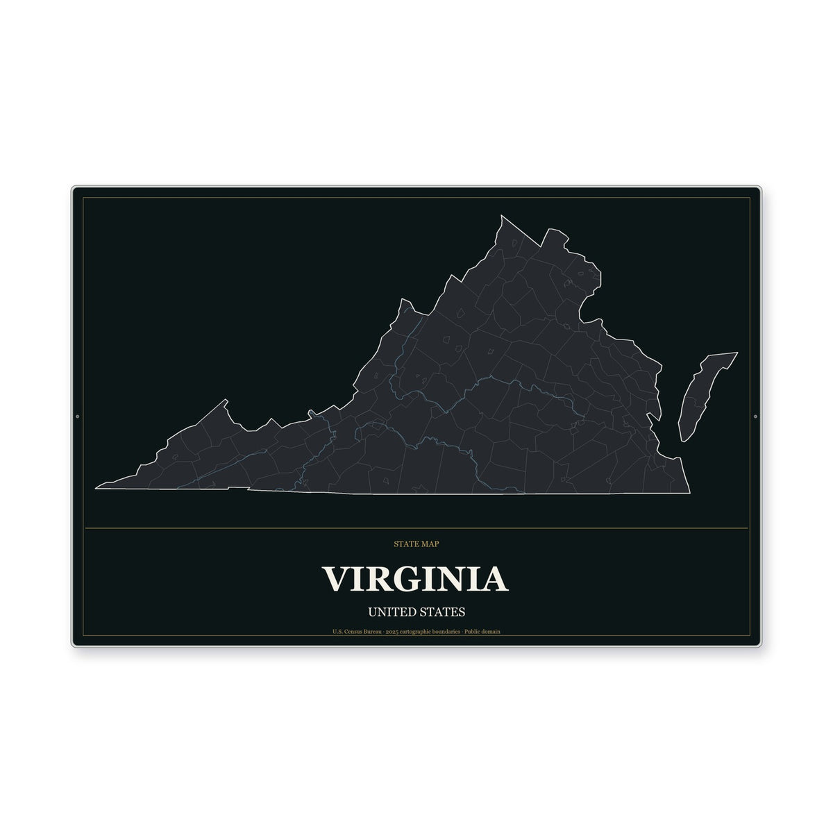 Virginia state map aluminum sign in Metropolitan Noir style