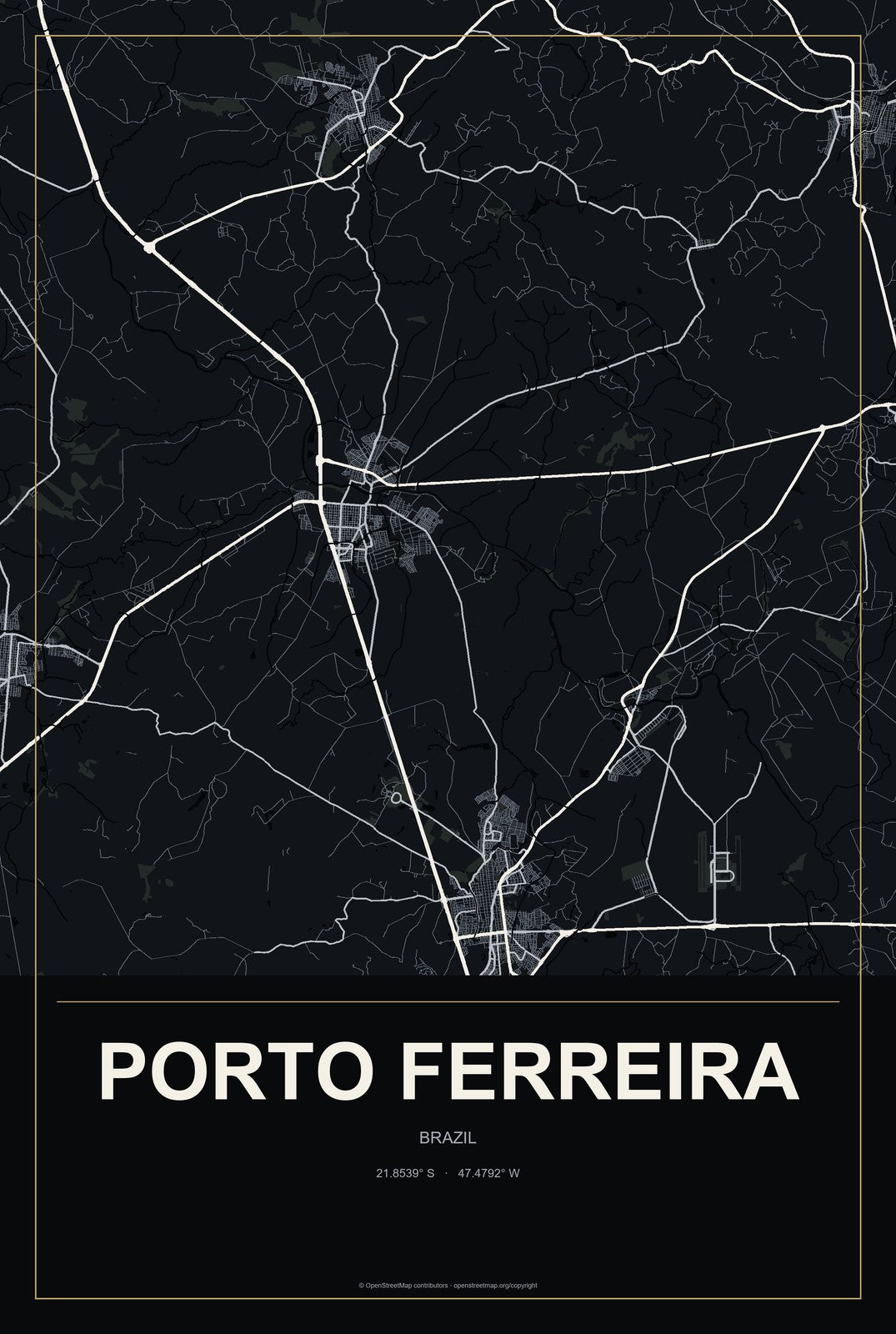 Porto Ferreira, Brazil City Map Aluminum Sign in Metropolitan Noir style