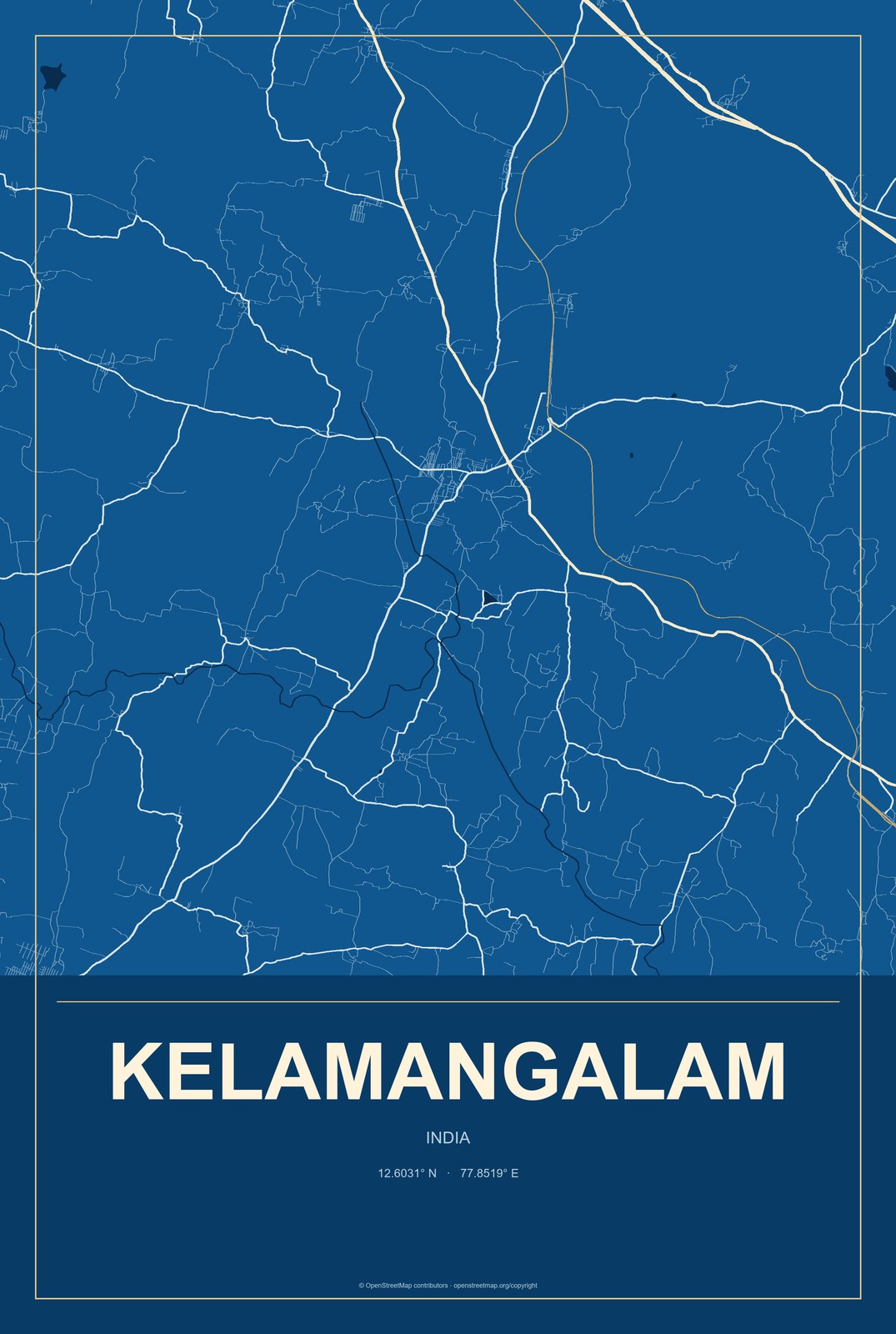 Kelamangalam, India City Map Aluminum Sign in Harbor Cobalt style