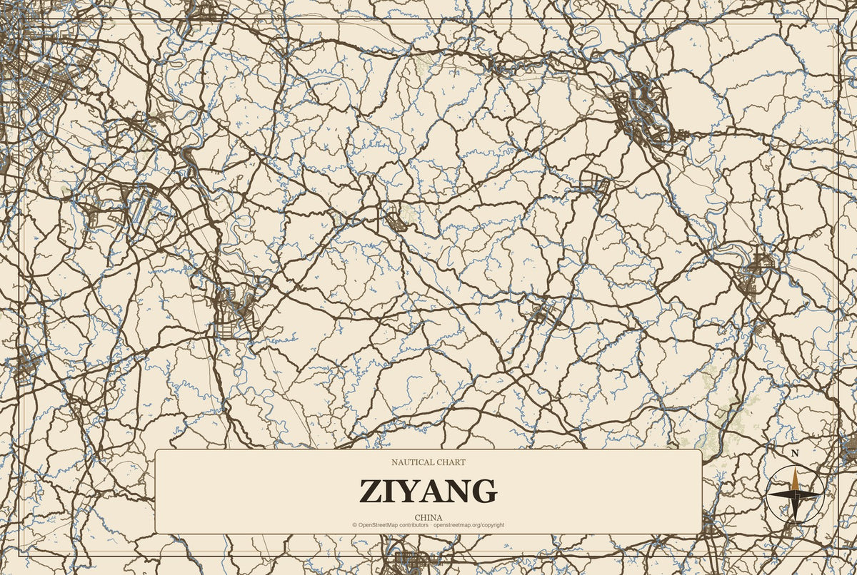 Ziyang, China City Map Aluminum Sign in Heritage Nautical style