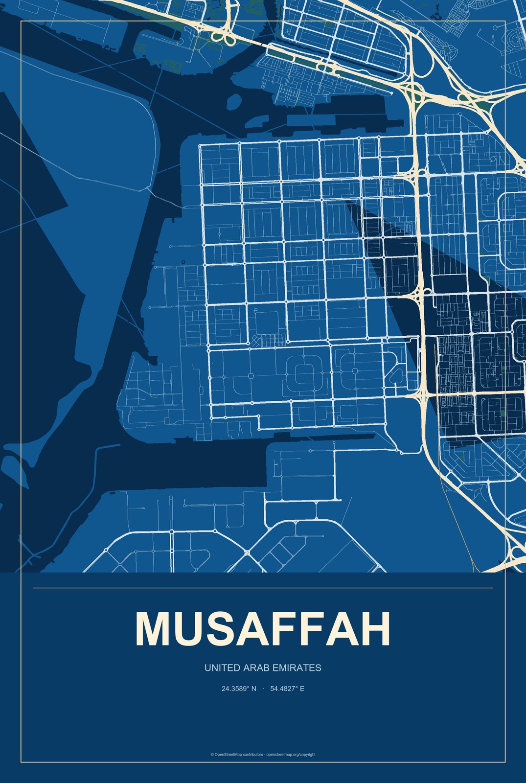 Musaffah, United Arab Emirates City Map Aluminum Sign in Harbor Cobalt style