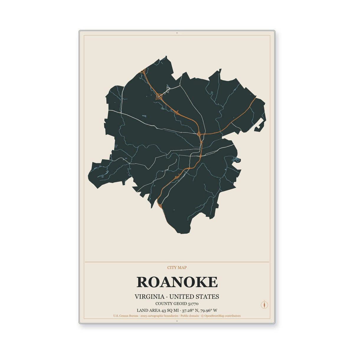 Roanoke city, Virginia Map Aluminum Sign in Headline Atlas style