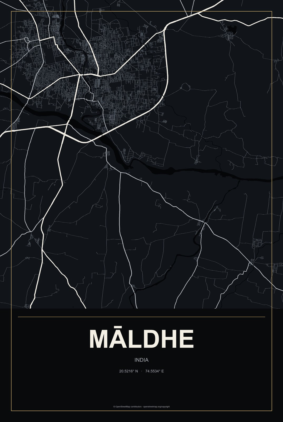 Māldhe, India City Map Aluminum Sign in Metropolitan Noir style