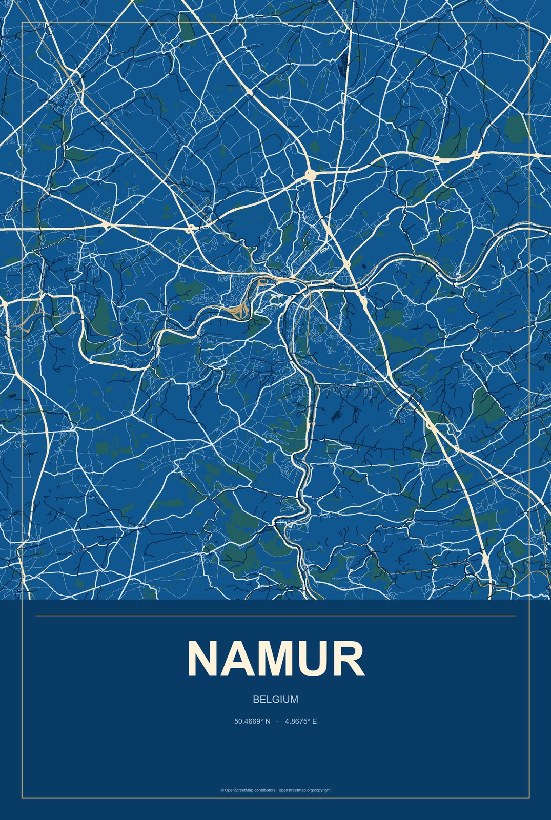 Namur, Belgium City Map Aluminum Sign in Harbor Cobalt style