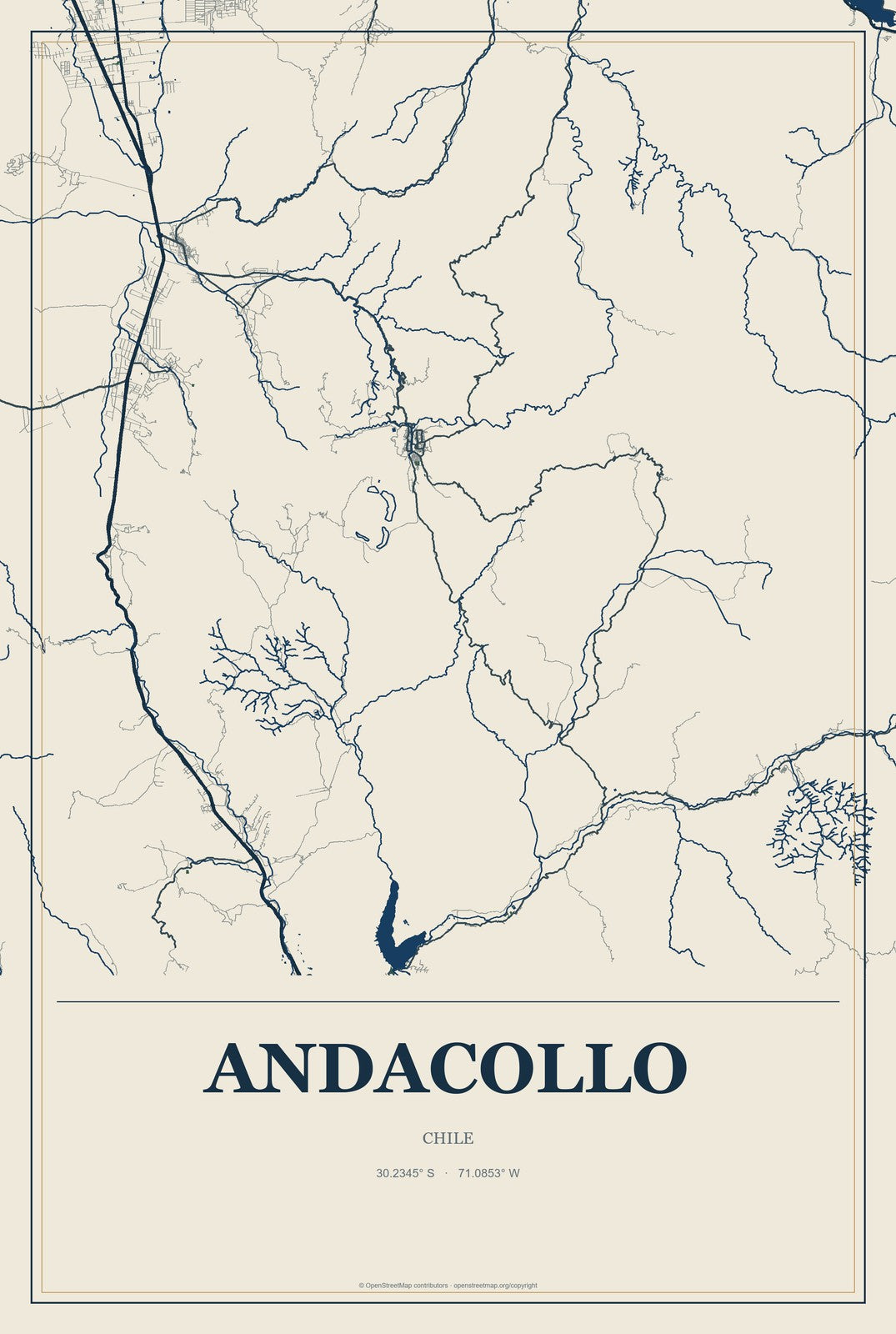 Andacollo, Chile City Map Aluminum Sign in Coastal Cutout style