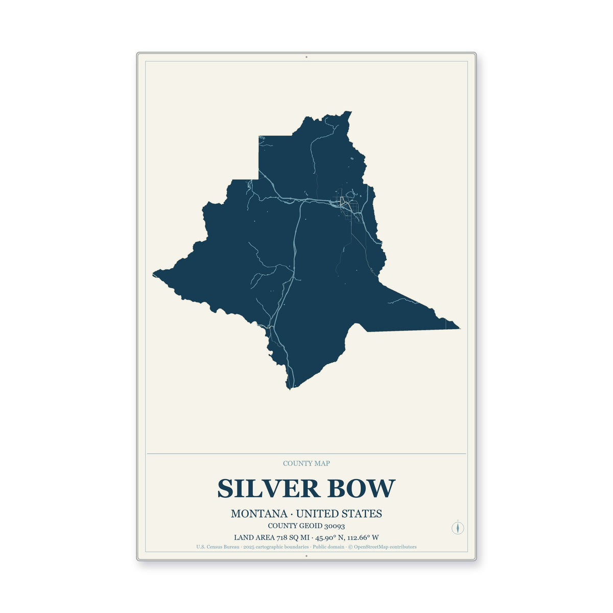 Silver Bow County, Montana Map Aluminum Sign in Coastal Cutout style