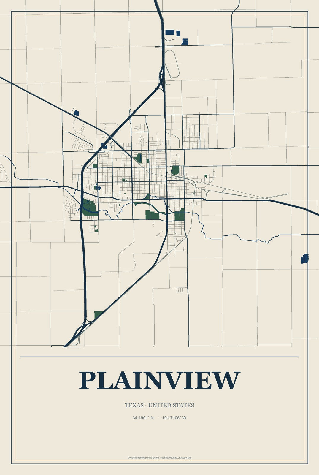 Plainview, Texas City Map Aluminum Sign in Coastal Cutout style