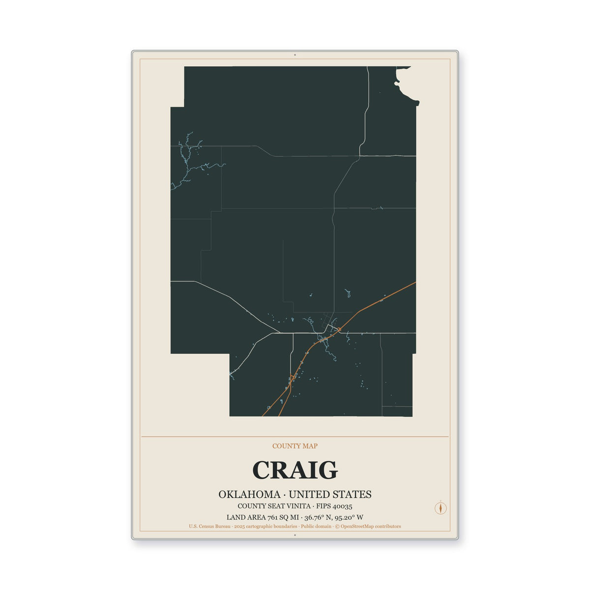 Craig County, Oklahoma Map Aluminum Sign in Headline Atlas style