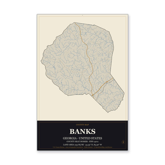 Banks County, Georgia Map Aluminum Sign in Museum Plaque style