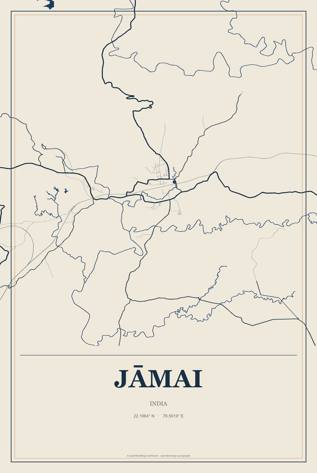 Jāmai, India City Map Aluminum Sign in Coastal Cutout style