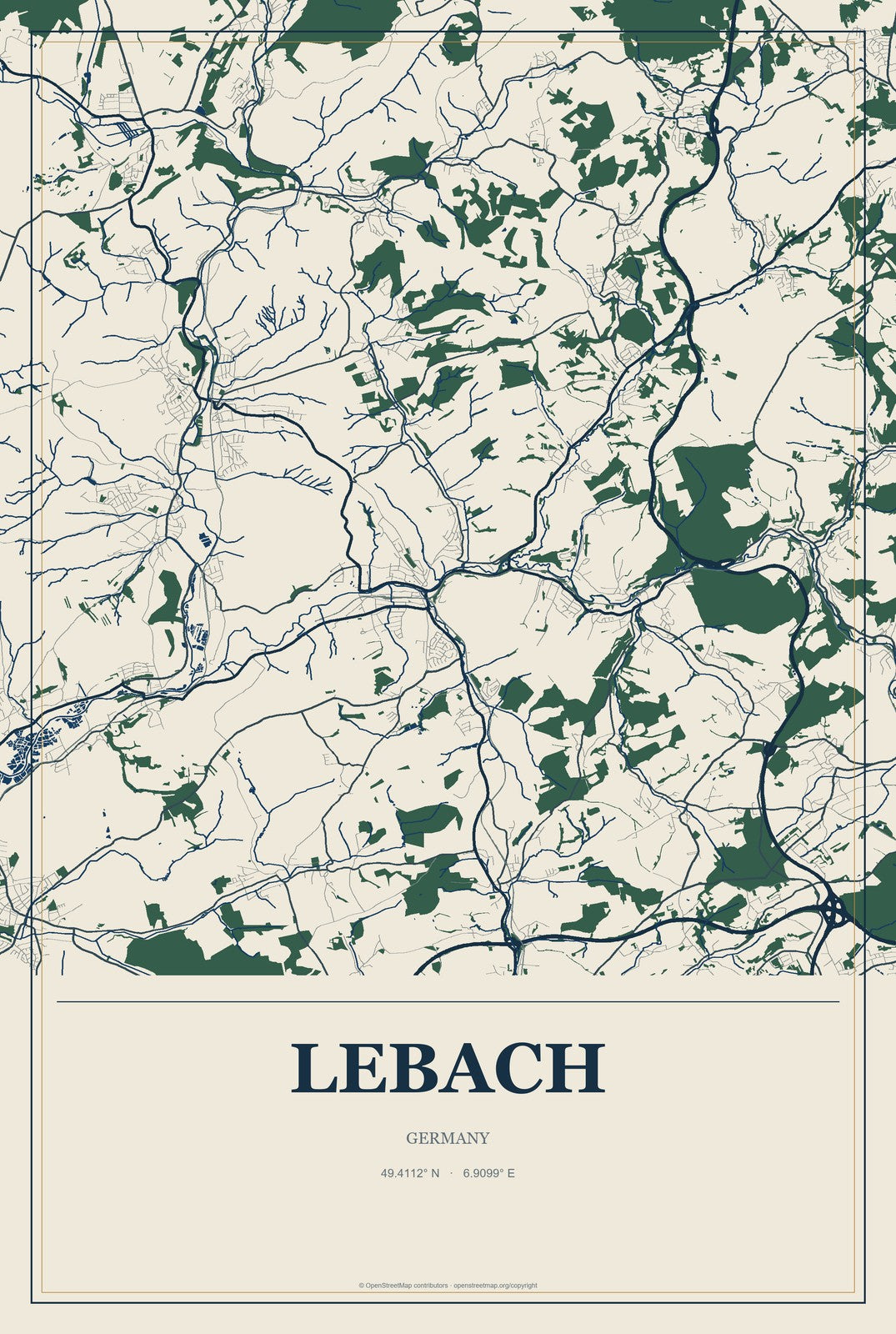 Lebach, Germany City Map Aluminum Sign in Coastal Cutout style