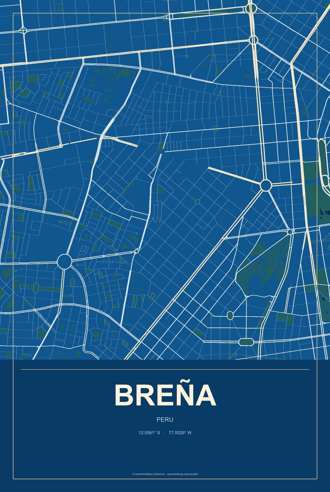 Breña, Peru City Map Aluminum Sign in Harbor Cobalt style