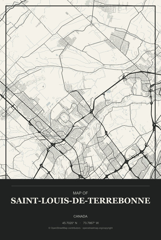 Saint-Louis-de-Terrebonne, Canada City Map Aluminum Sign in Museum Plaque style