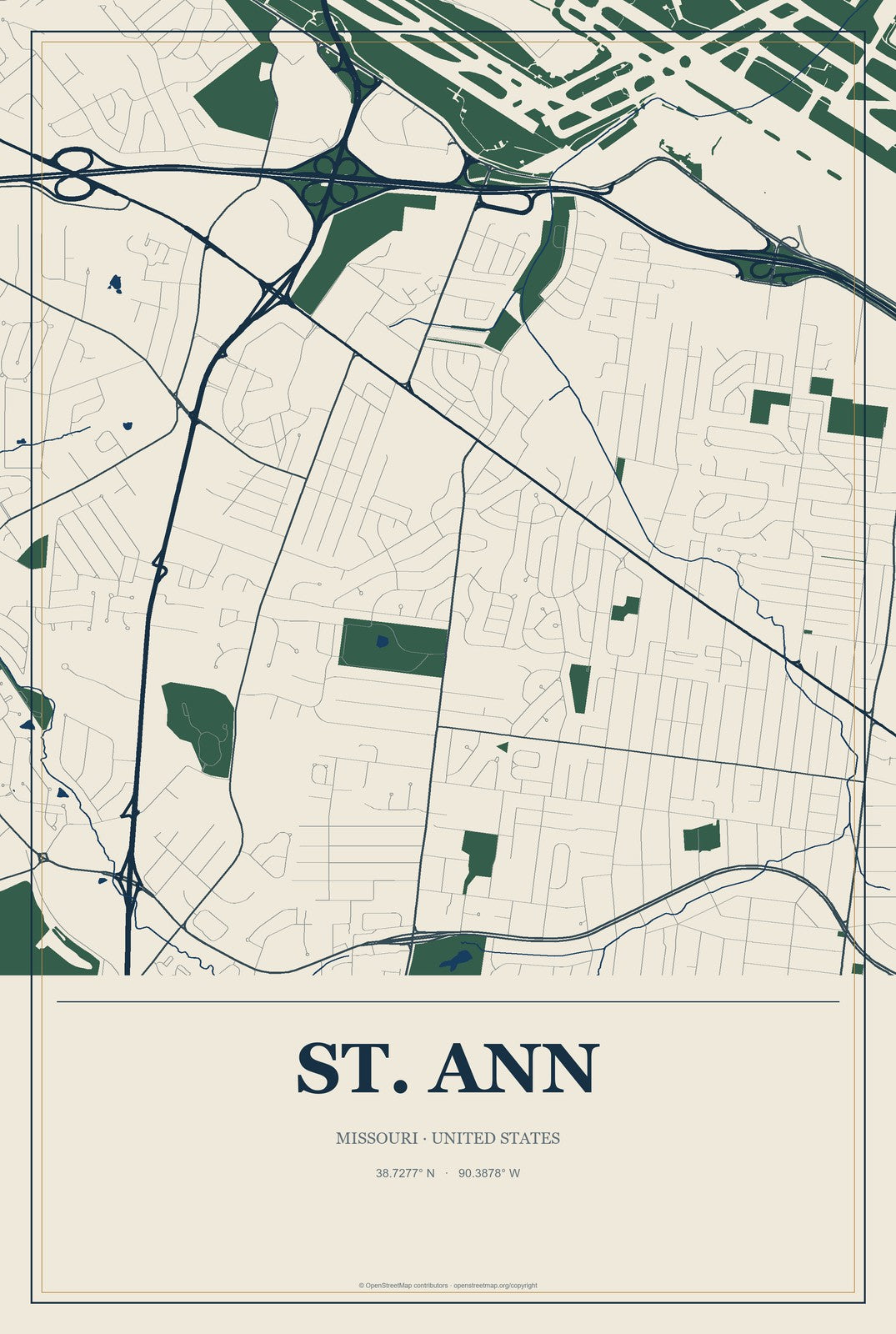 St. Ann, Missouri City Map Aluminum Sign in Coastal Cutout style