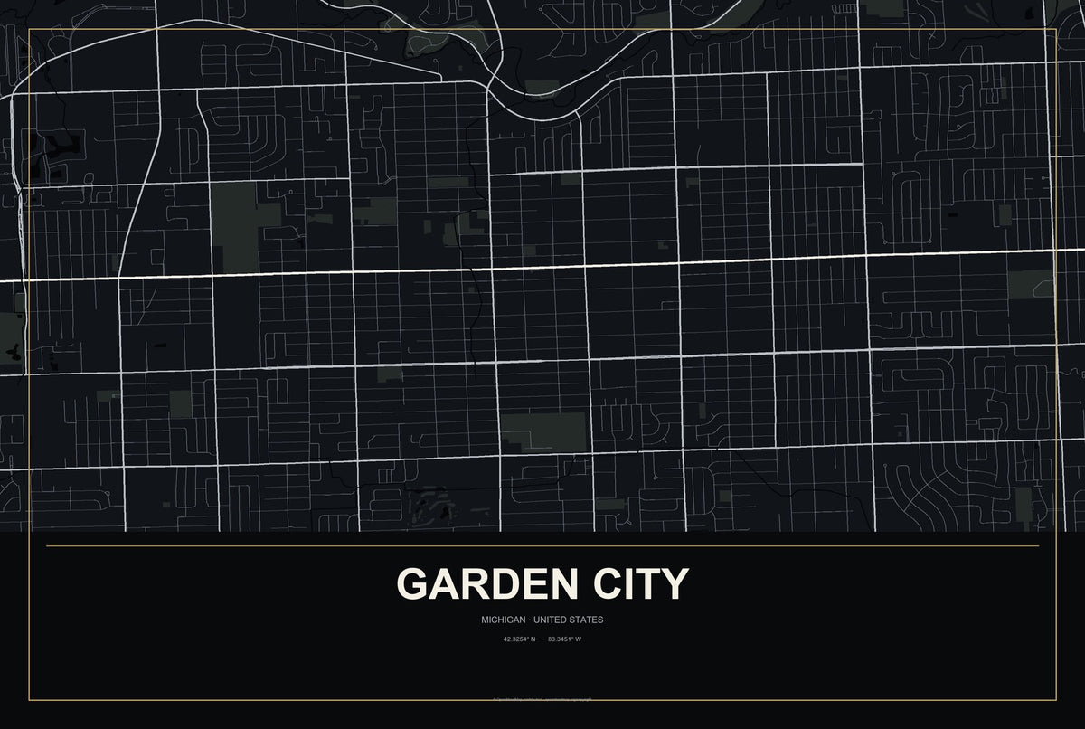 Garden City, Michigan City Map Aluminum Sign in Metropolitan Noir style