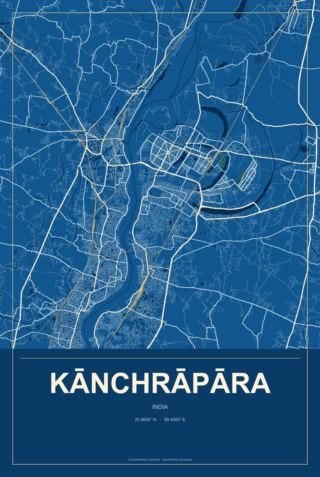 Kānchrāpāra, India City Map Aluminum Sign in Harbor Cobalt style