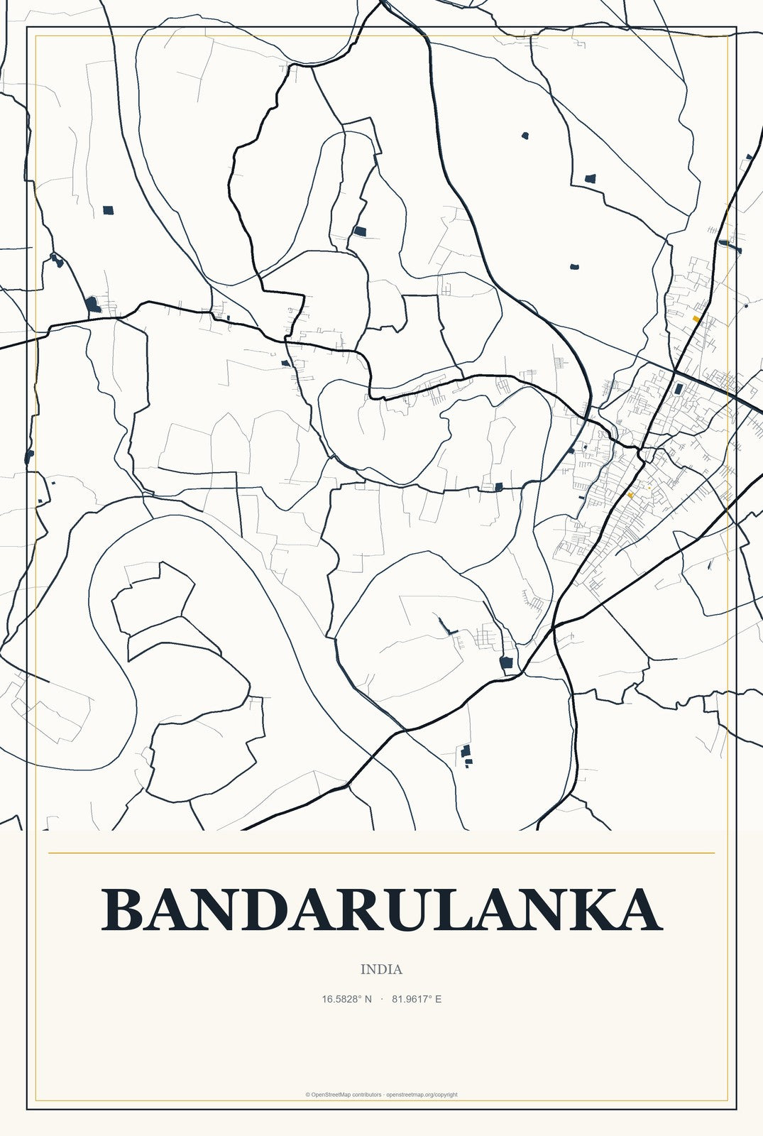 Bandarulanka, India City Map Aluminum Sign in Citrine Modern style