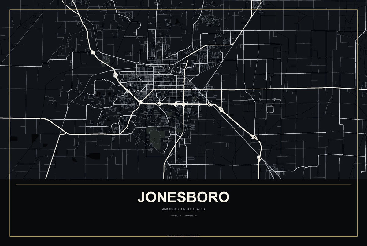 Jonesboro, Arkansas City Map Aluminum Sign in Metropolitan Noir style