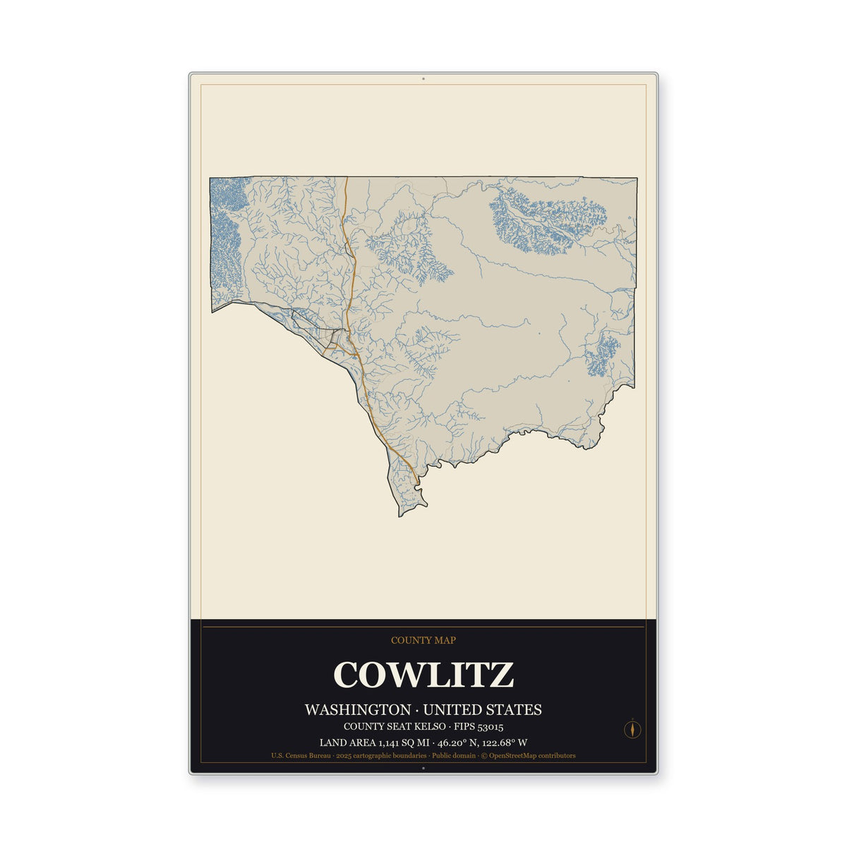 Cowlitz County, Washington Map Aluminum Sign in Museum Plaque style