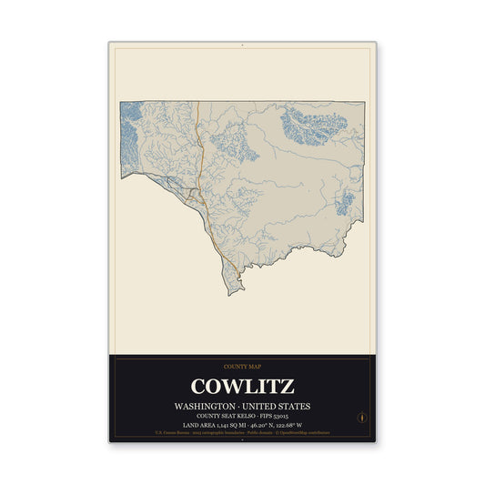 Cowlitz County, Washington Map Aluminum Sign in Museum Plaque style