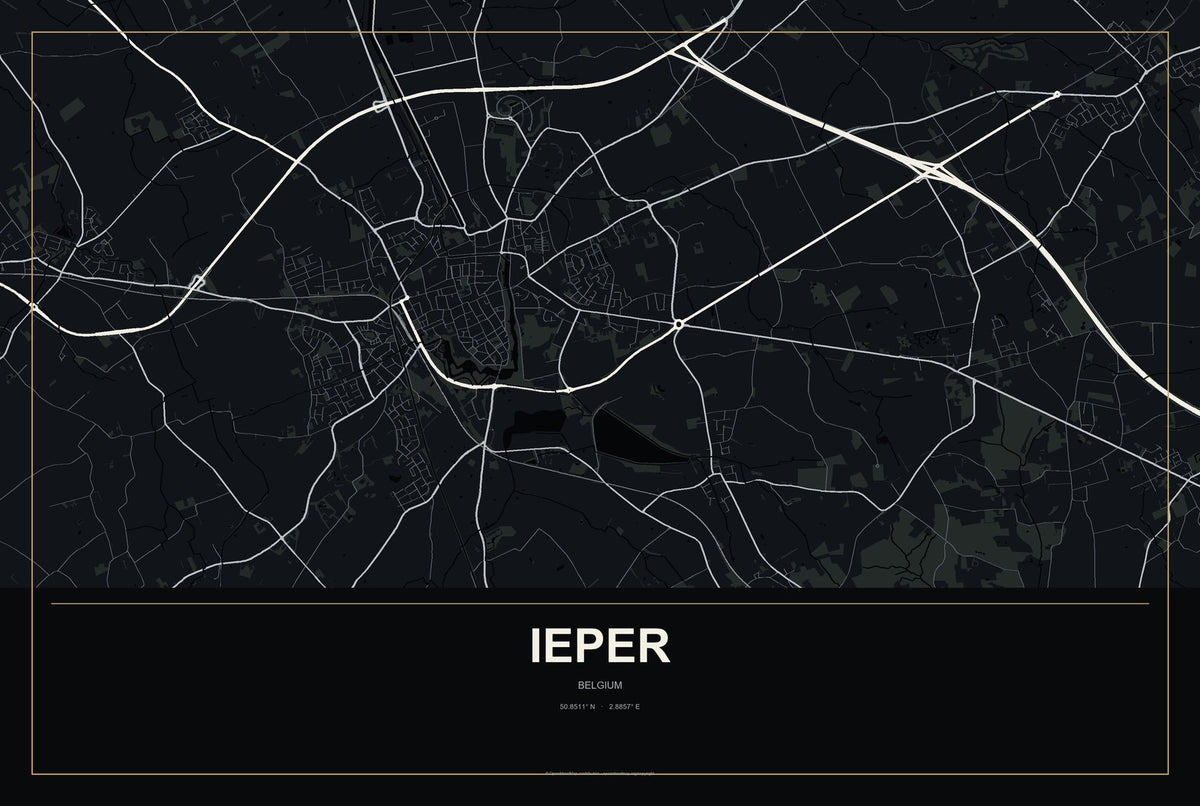 Ieper, Belgium City Map Aluminum Sign in Metropolitan Noir style