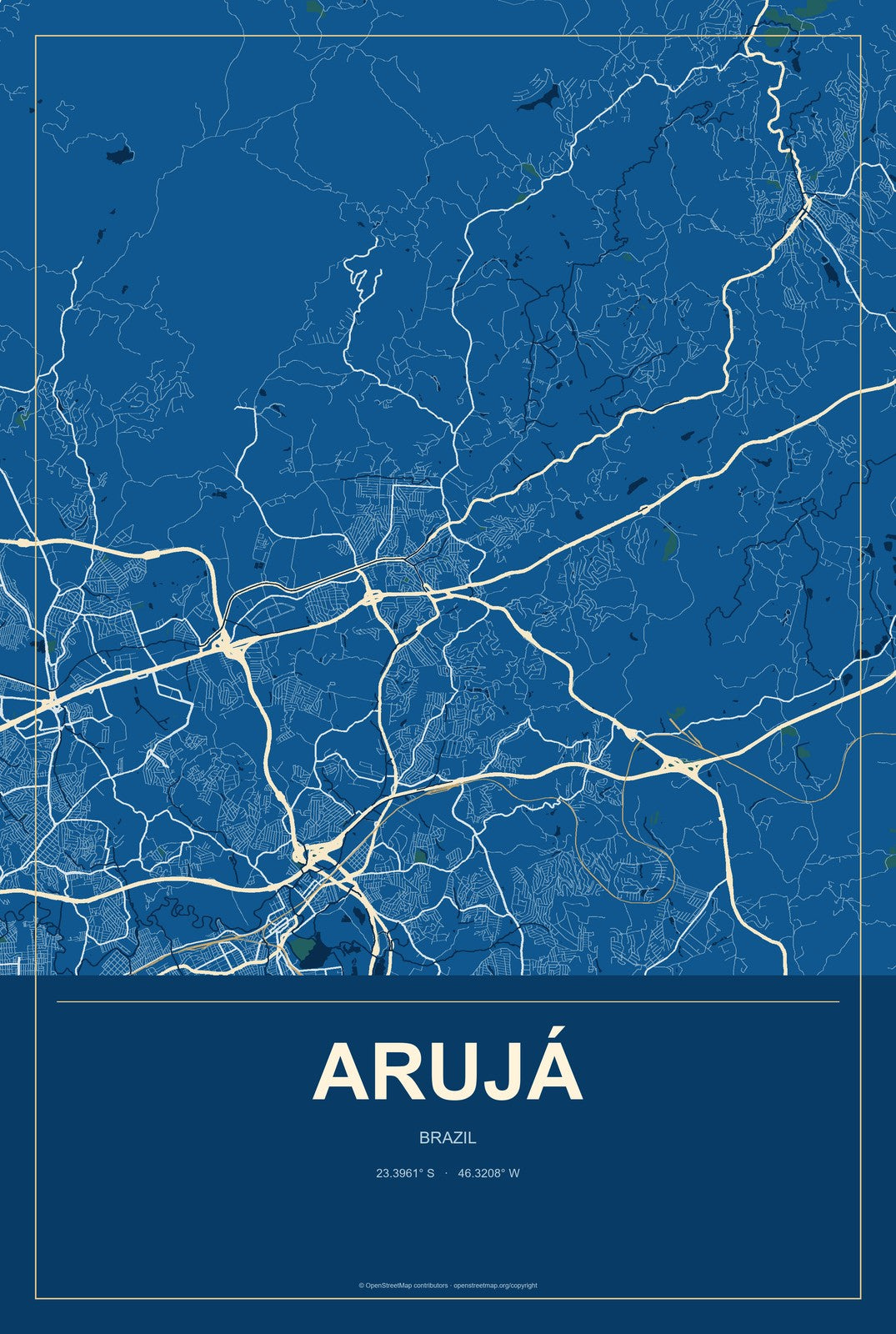 Arujá, Brazil City Map Aluminum Sign in Harbor Cobalt style