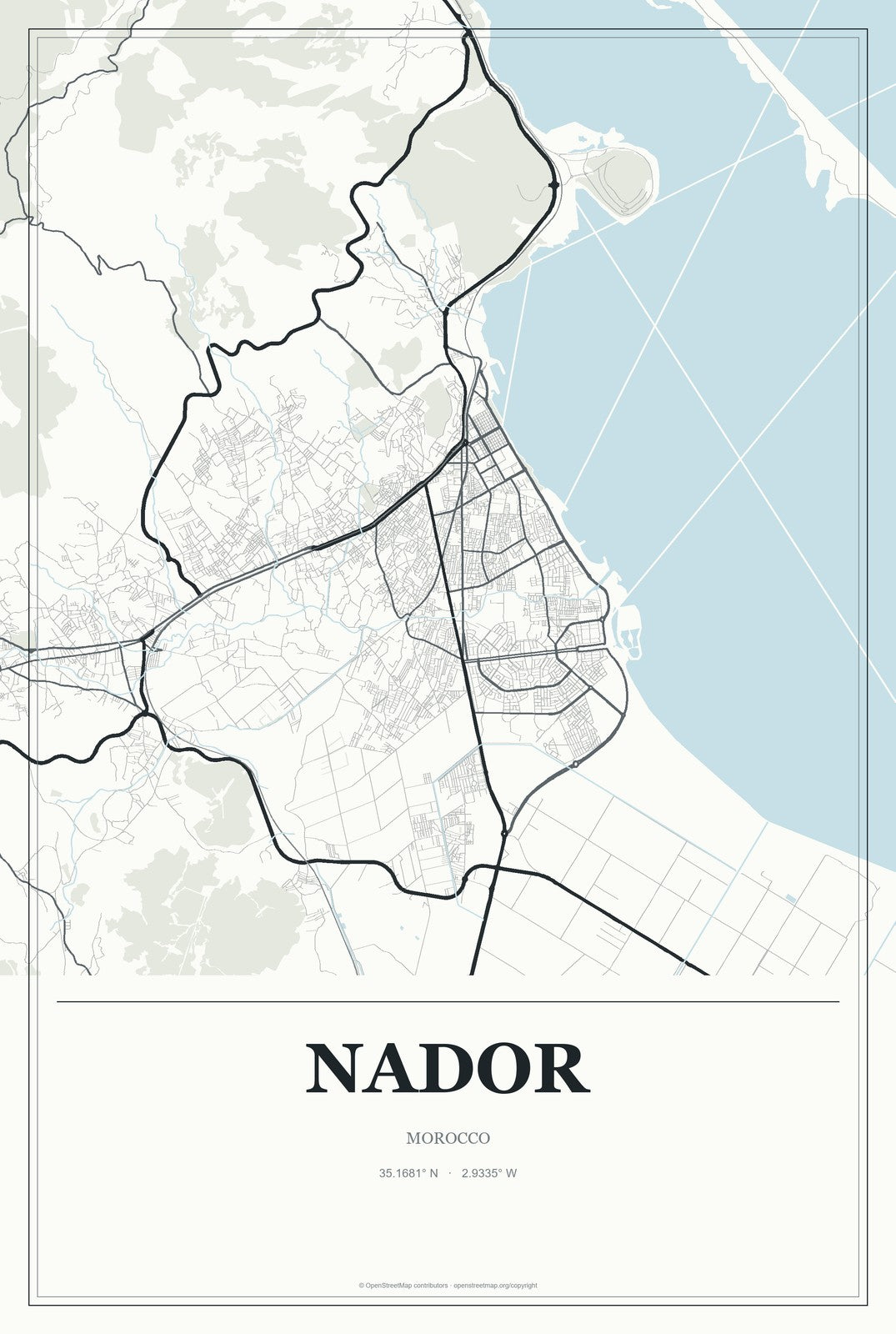 Nador, Morocco City Map Aluminum Sign in Gallery Air style