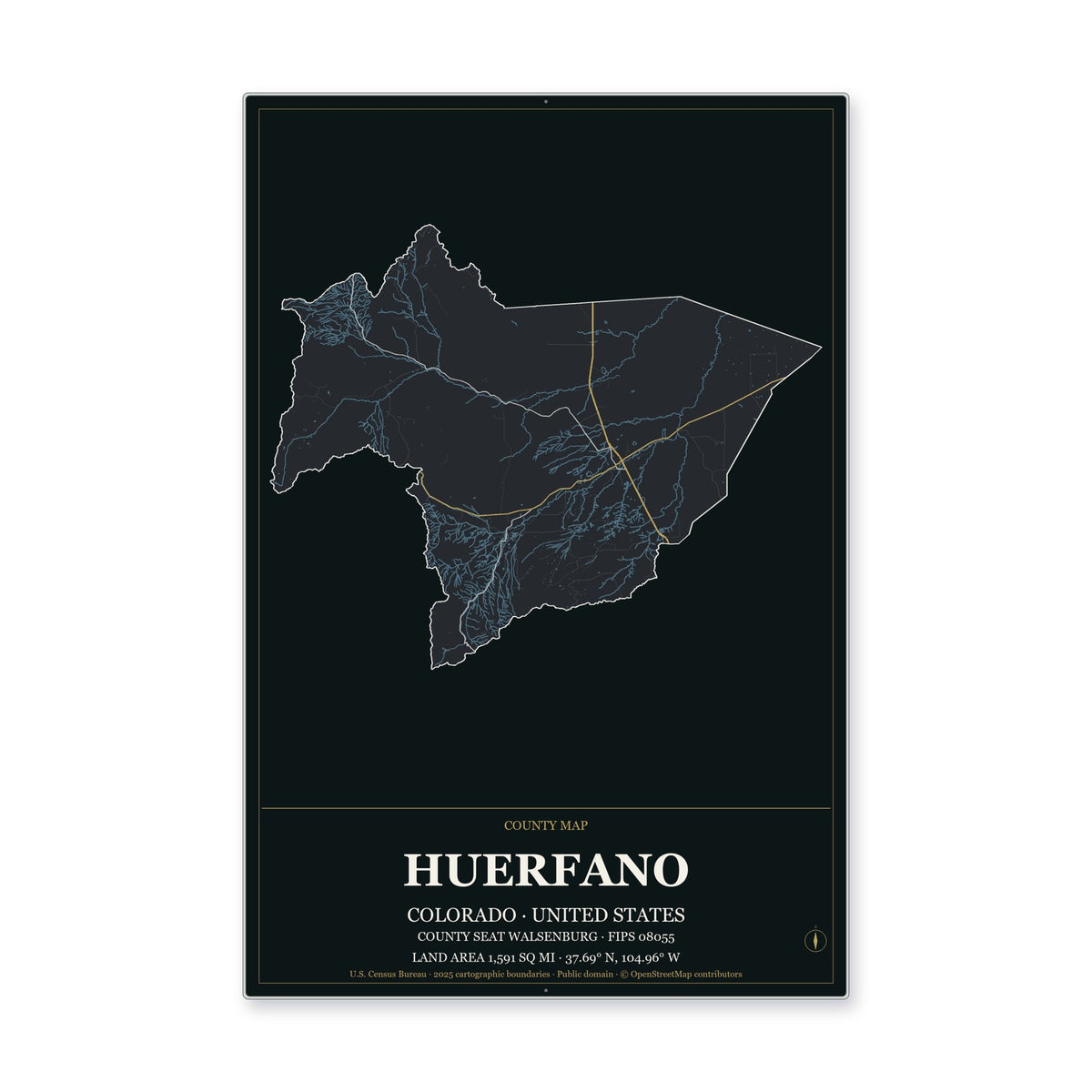 Huerfano County, Colorado Map Aluminum Sign in Metropolitan Noir style