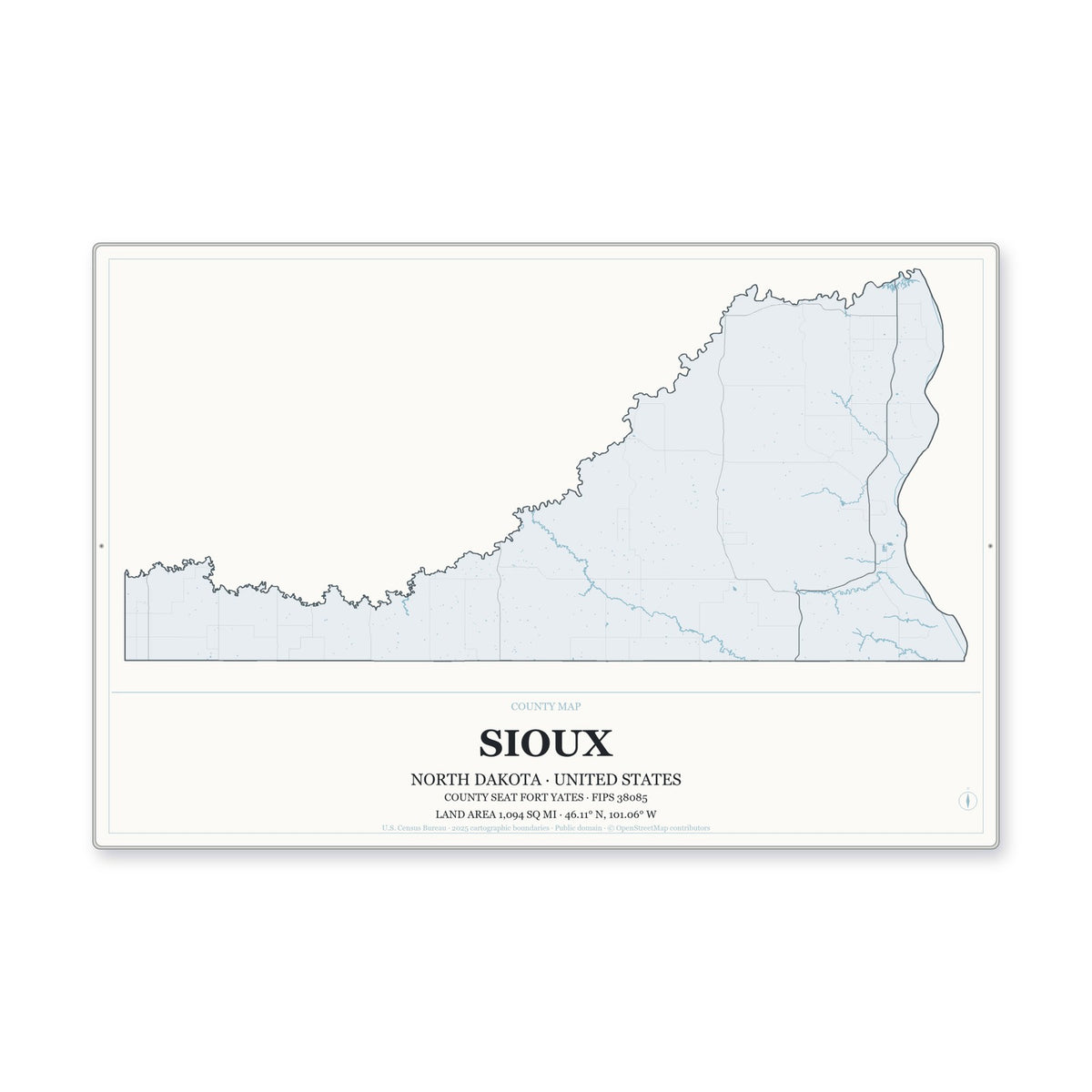 Sioux County, North Dakota Map Aluminum Sign in Gallery Air style
