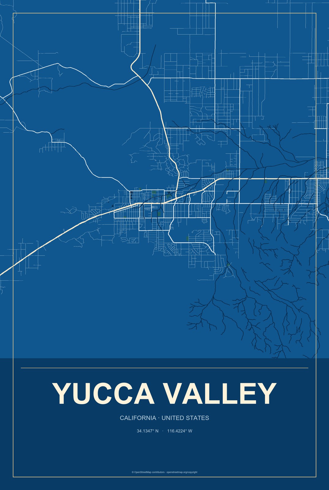 Yucca Valley, California City Map Aluminum Sign in Harbor Cobalt style