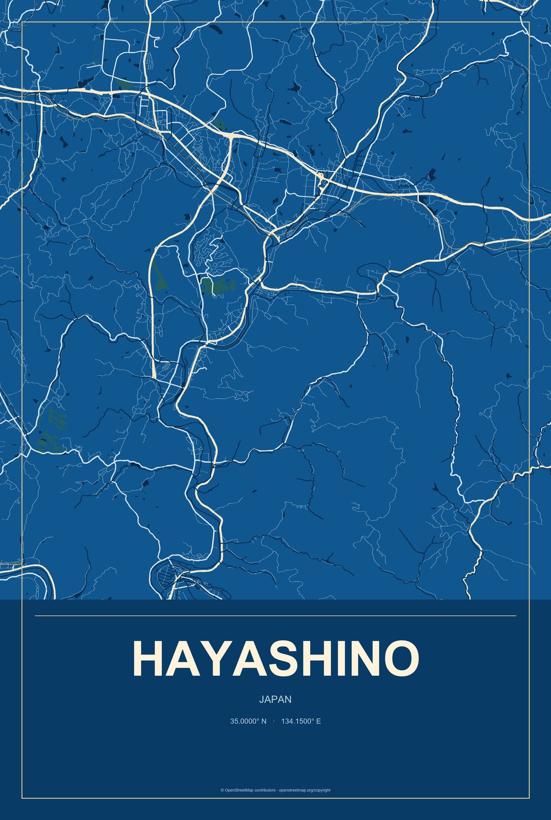 Hayashino, Japan City Map Aluminum Sign in Harbor Cobalt style