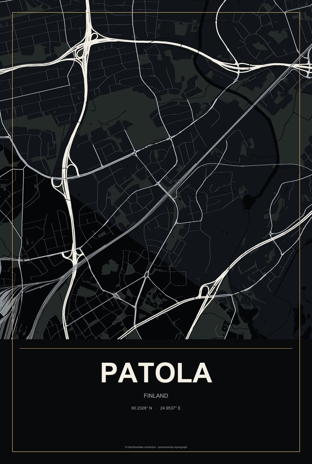 Patola, Finland City Map Aluminum Sign in Metropolitan Noir style