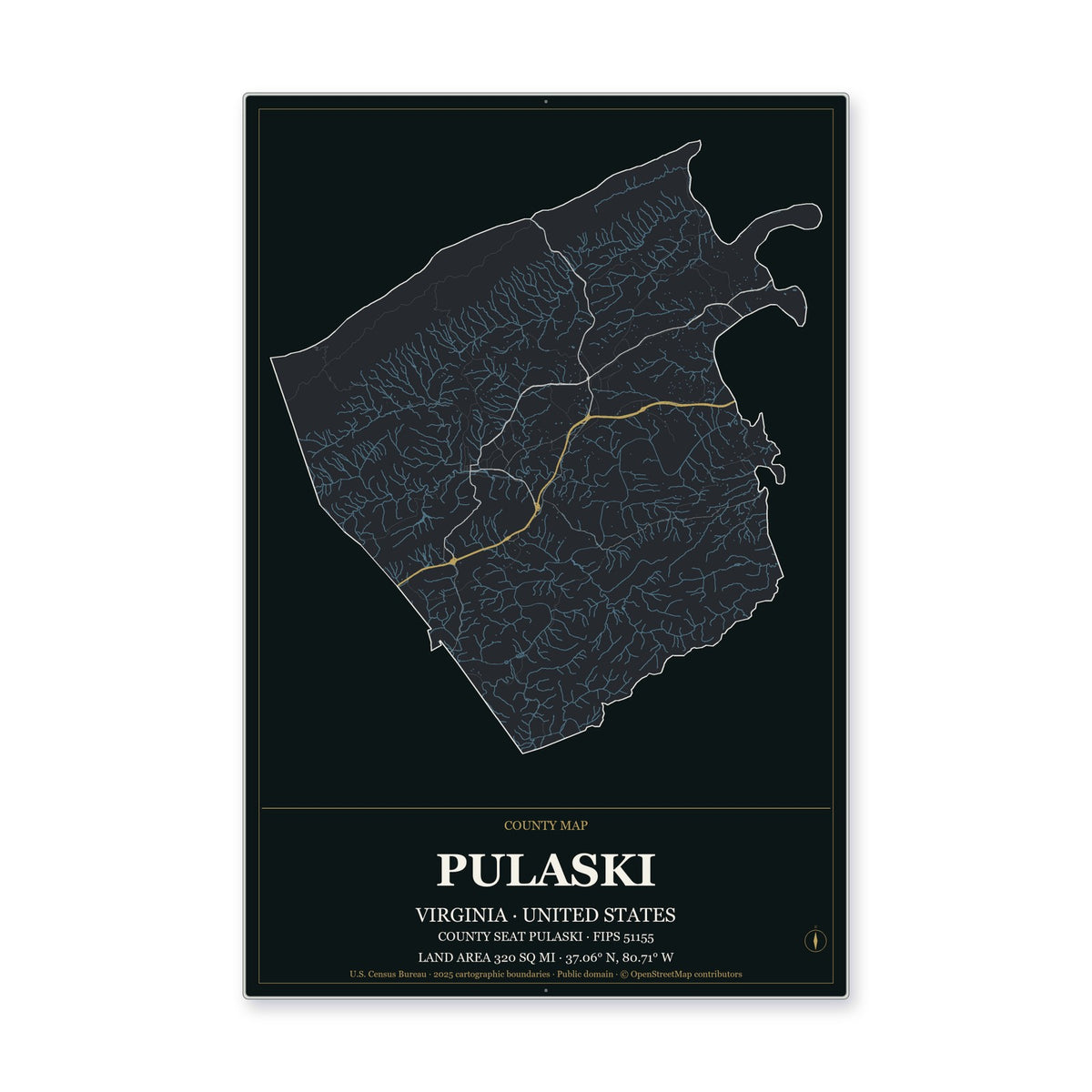 Pulaski County, Virginia Map Aluminum Sign in Metropolitan Noir style
