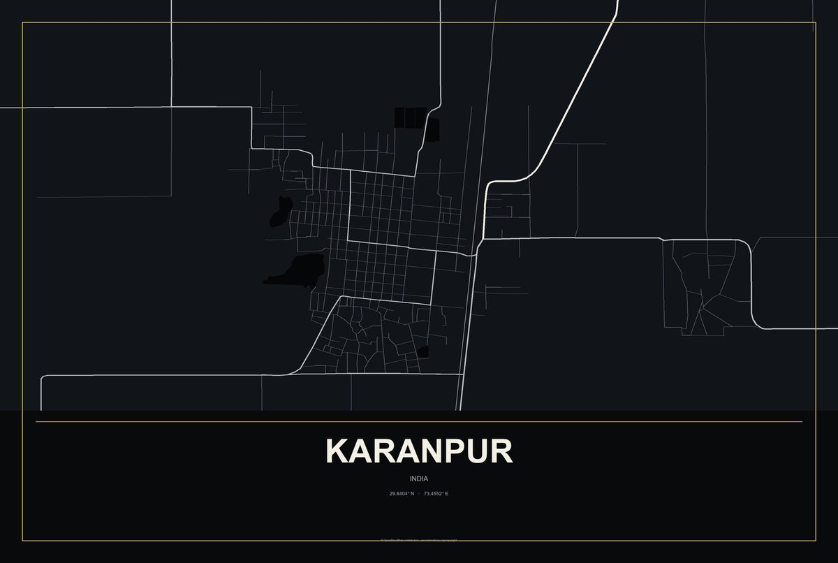 Karanpur, India City Map Aluminum Sign in Metropolitan Noir style