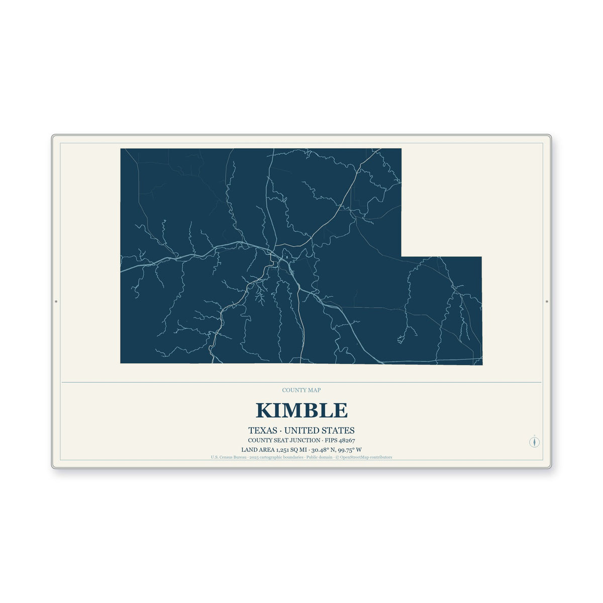 Kimble County, Texas Map Aluminum Sign in Coastal Cutout style