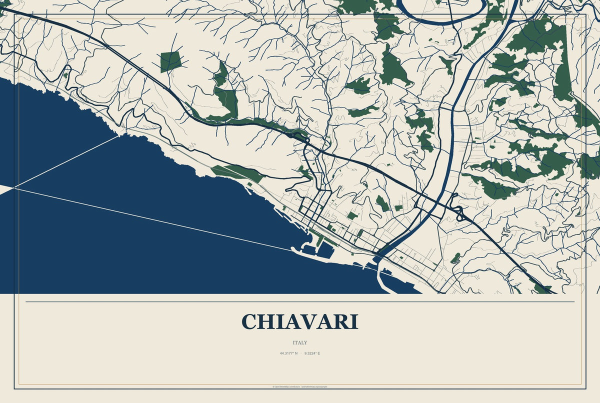 Chiavari, Italy City Map Aluminum Sign in Coastal Cutout style