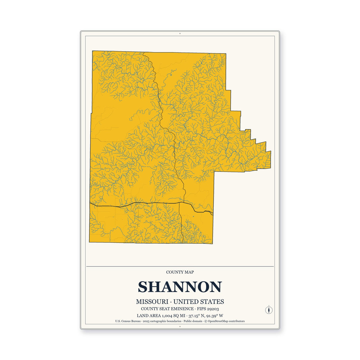 Shannon County, Missouri Map Aluminum Sign in Citrine Modern style