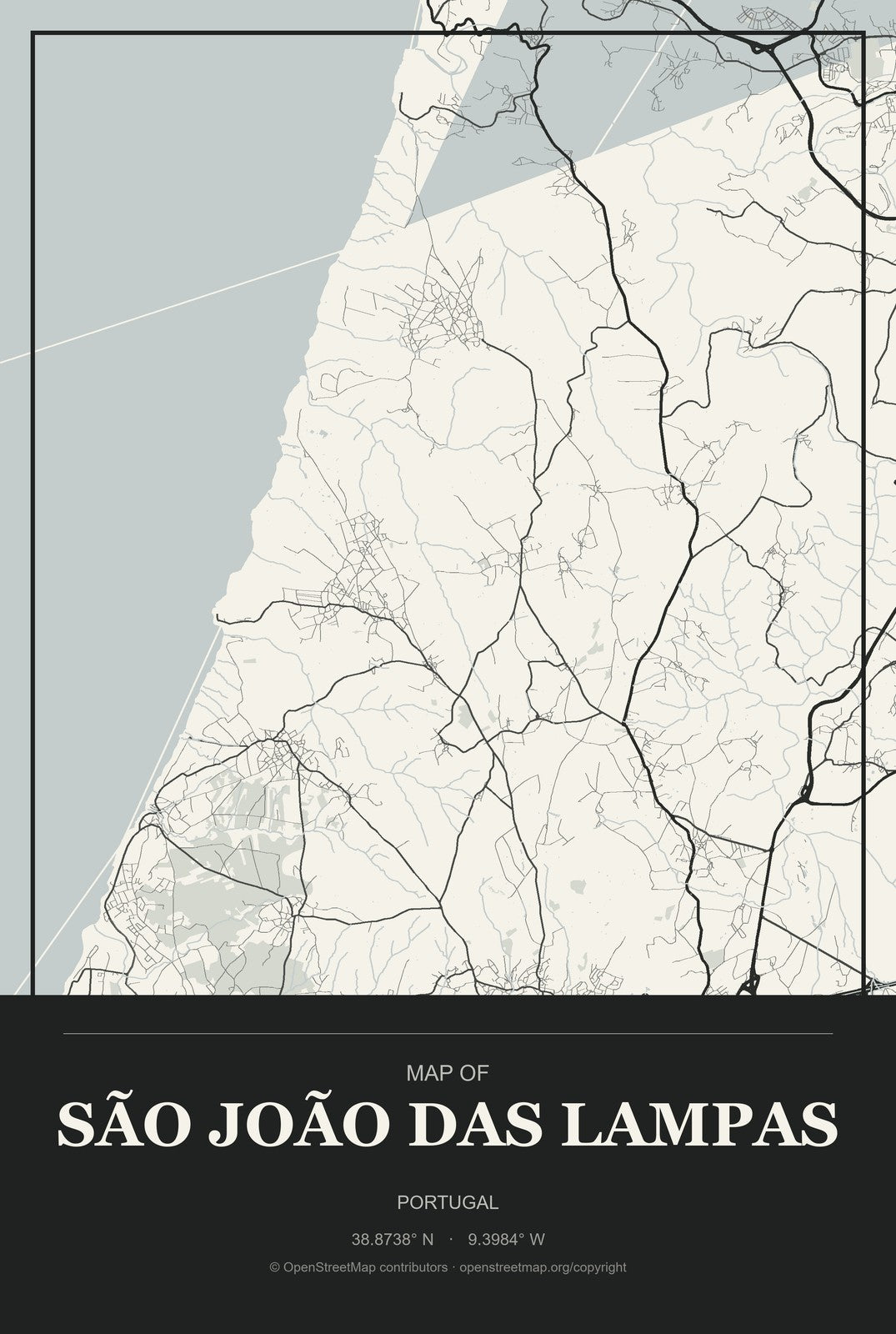 São João das Lampas, Portugal City Map Aluminum Sign in Museum Plaque style