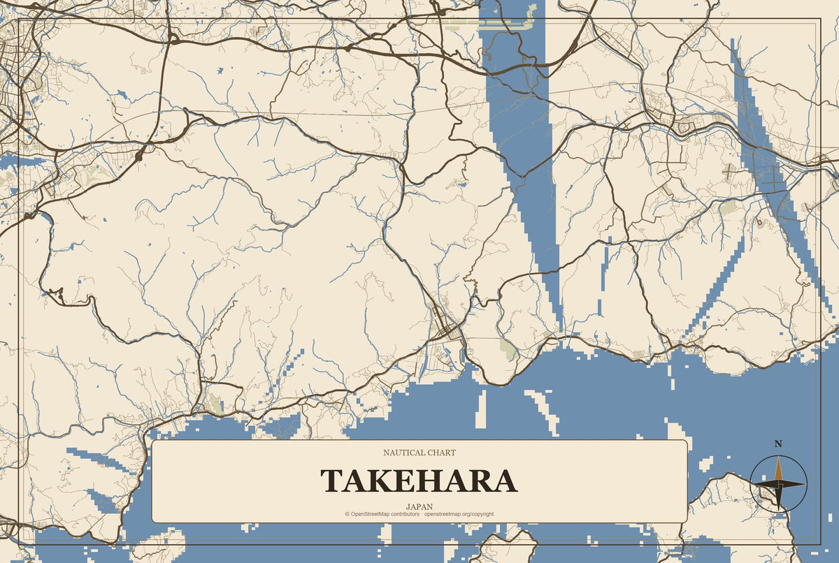 Takehara, Japan City Map Aluminum Sign in Heritage Nautical style