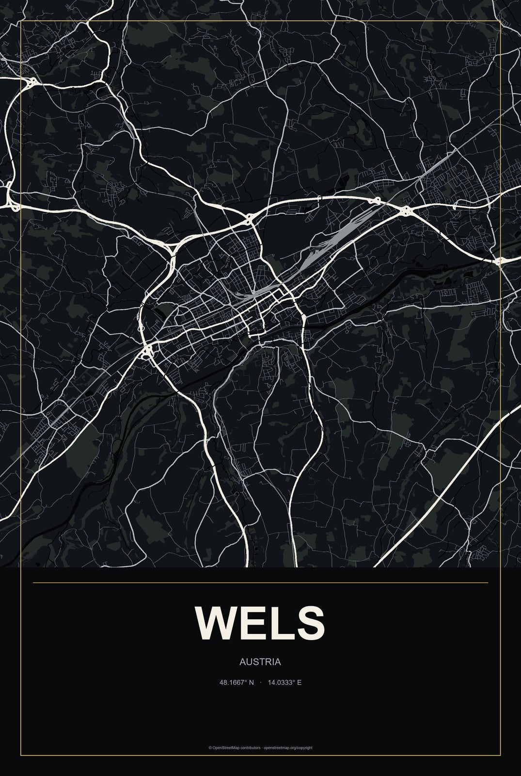 Wels, Austria City Map Aluminum Sign in Metropolitan Noir style