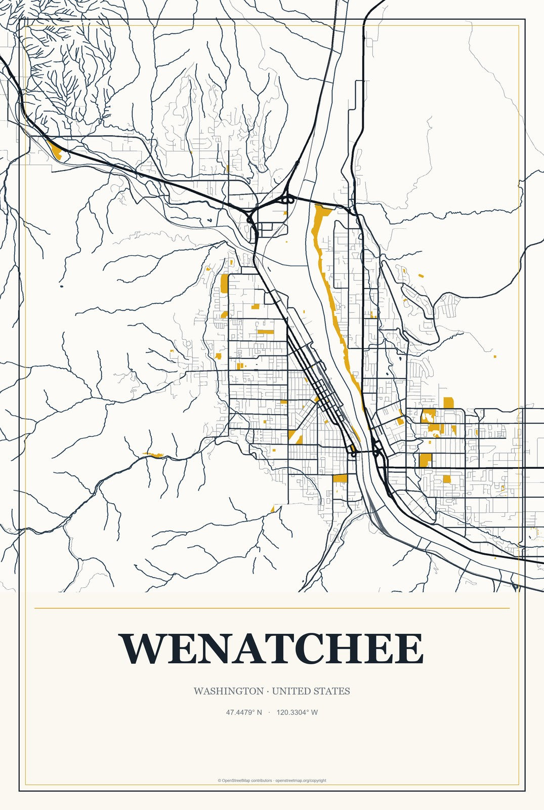 Wenatchee, Washington City Map Aluminum Sign in Citrine Modern style