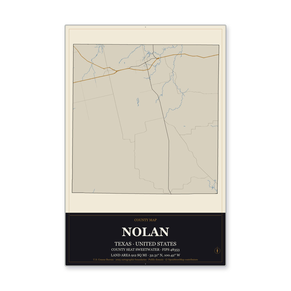 Nolan County, Texas Map Aluminum Sign in Museum Plaque style