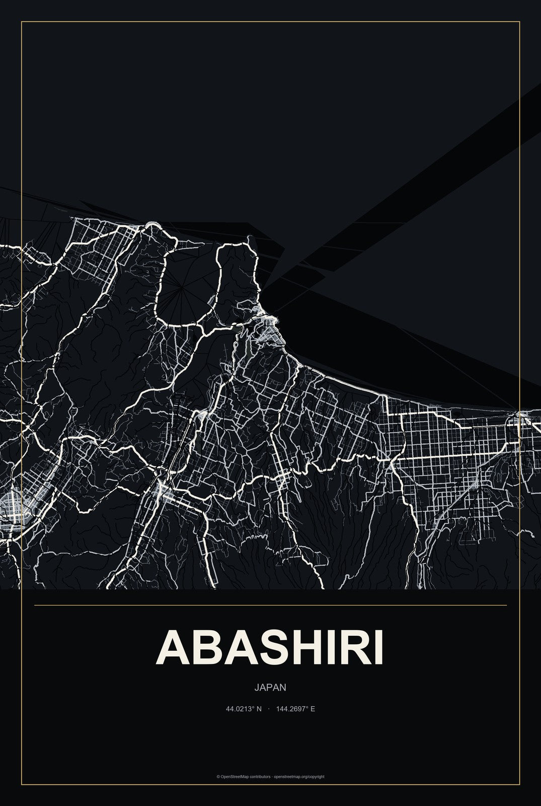 Abashiri, Japan City Map Aluminum Sign in Metropolitan Noir style