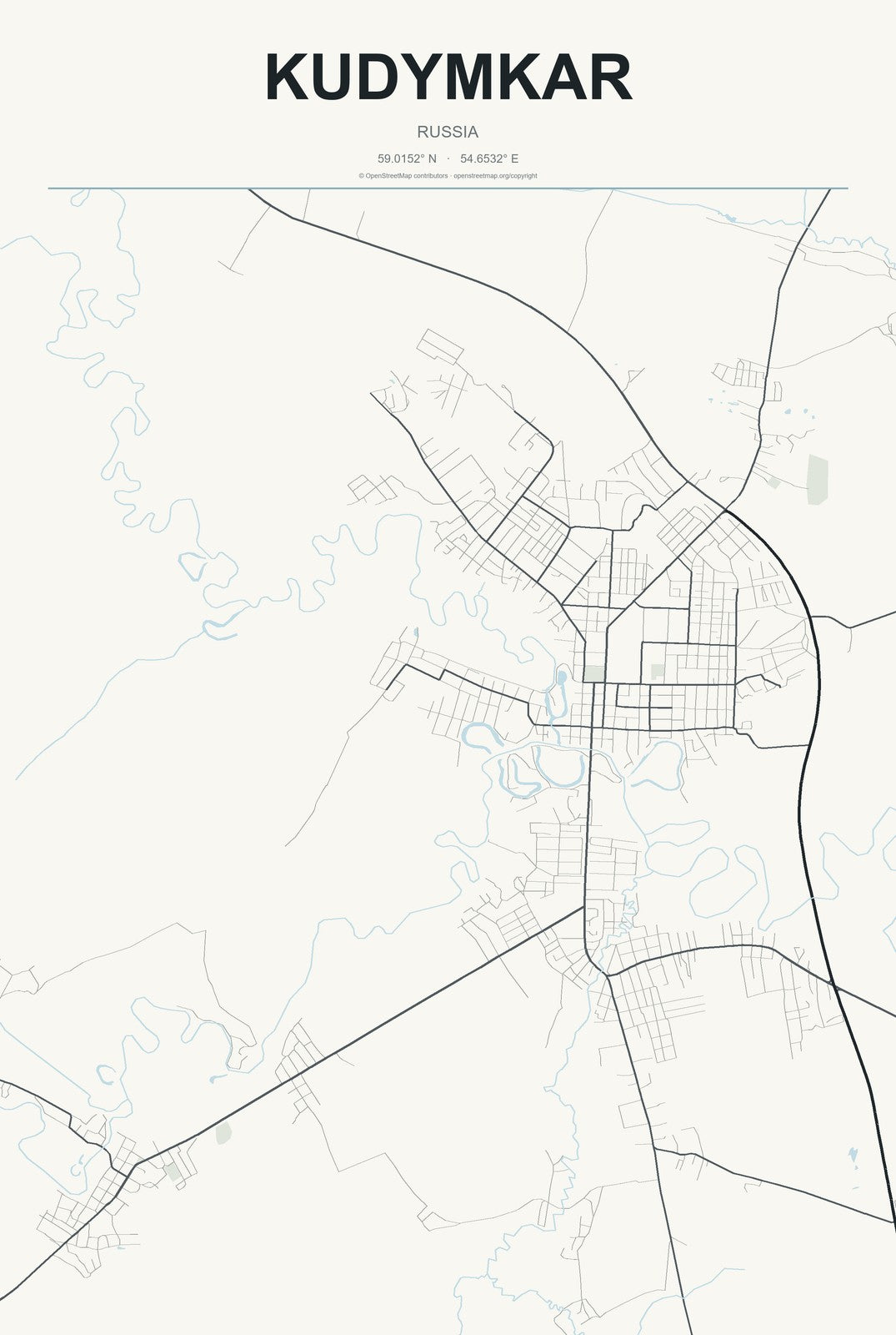Kudymkar, Russia City Map Aluminum Sign in Headline Atlas style