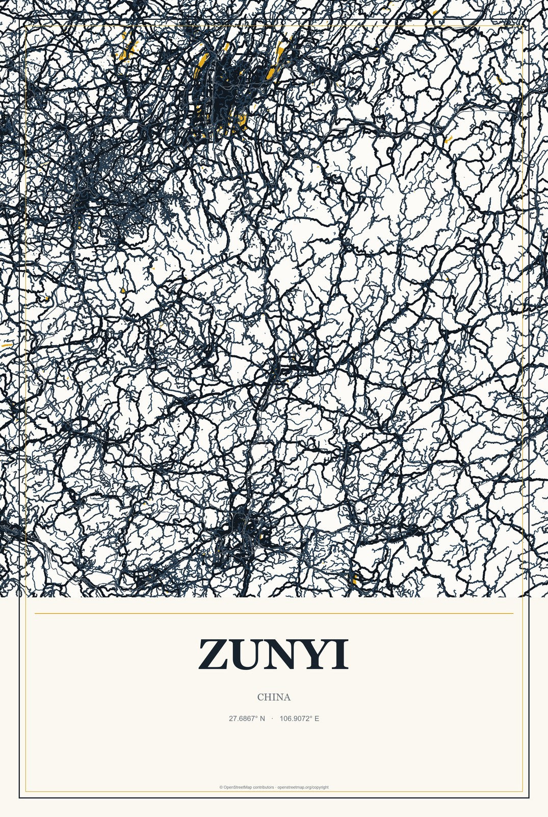Zunyi, China City Map Aluminum Sign in Citrine Modern style