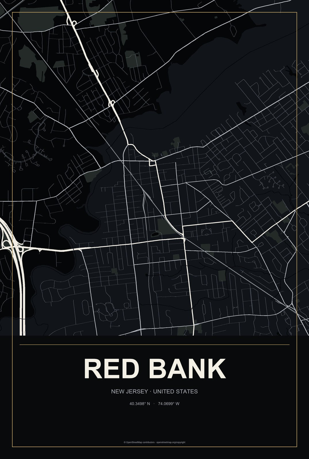 Red Bank, New Jersey City Map Aluminum Sign in Metropolitan Noir style