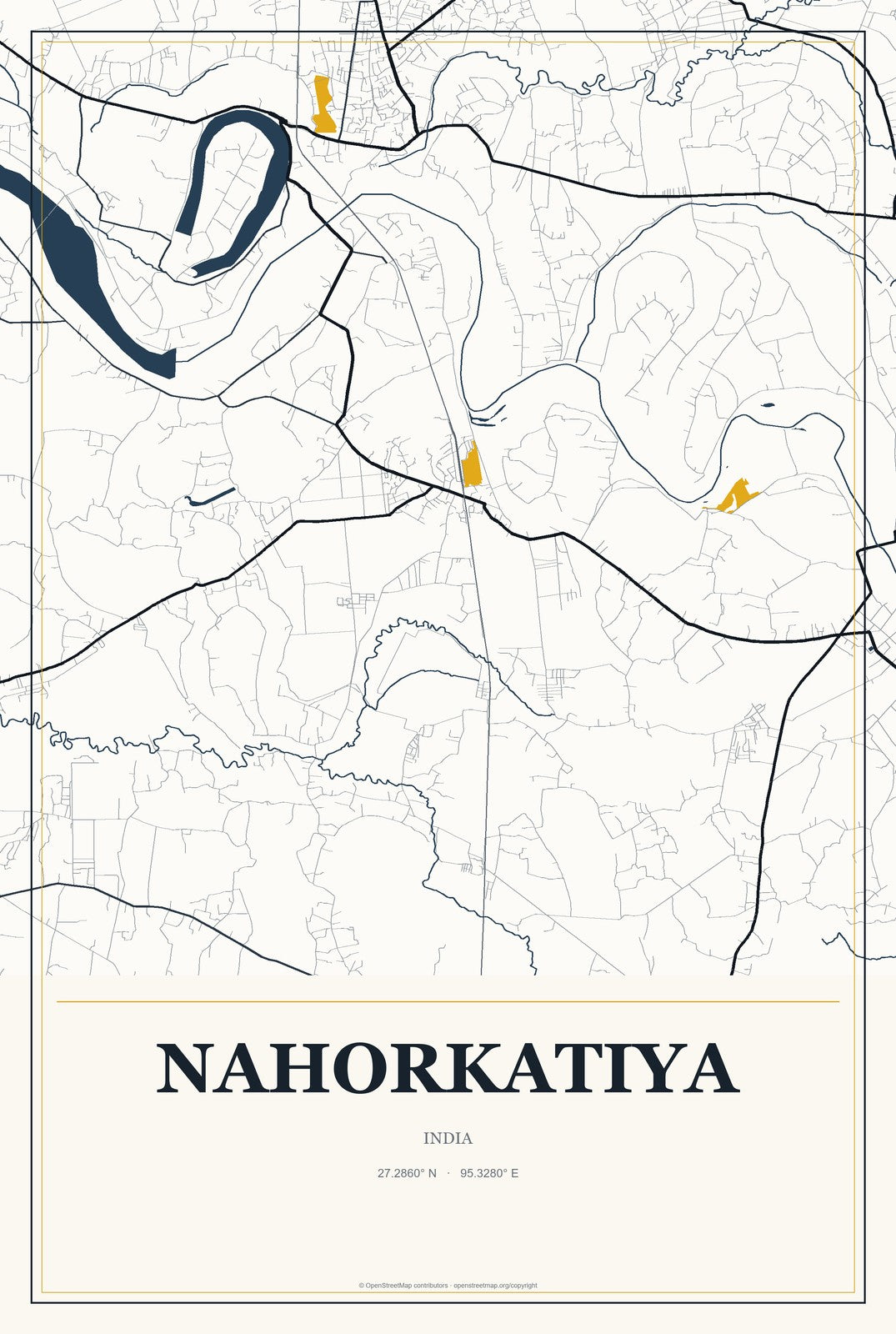 Nahorkatiya, India City Map Aluminum Sign in Citrine Modern style
