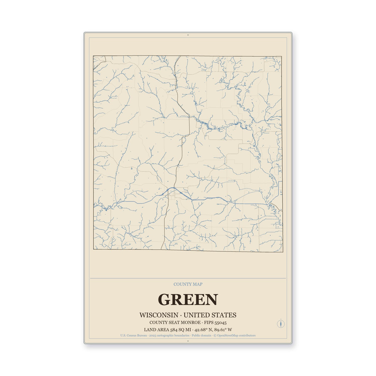 Green County, Wisconsin Map Aluminum Sign in Heritage Nautical style