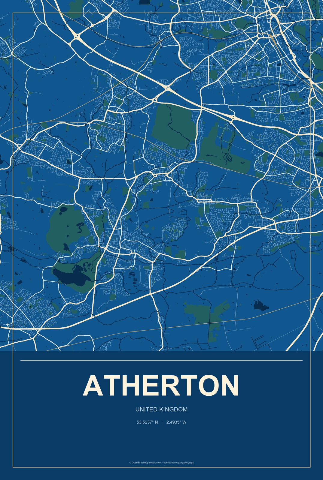 Atherton, United Kingdom City Map Aluminum Sign in Harbor Cobalt style